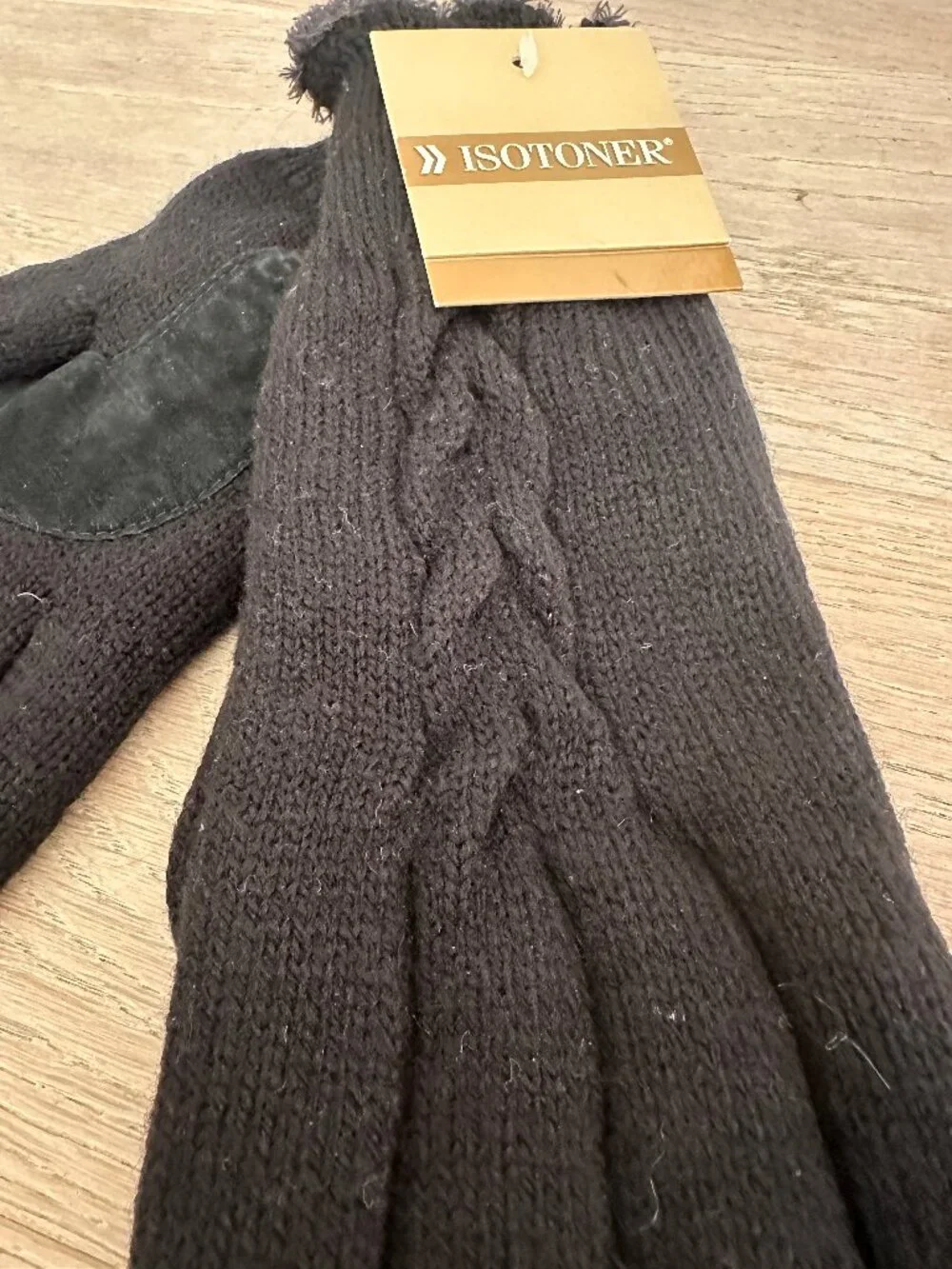 Isotoner Black Knit Gloves with Suede Details - Picture 2 of 4